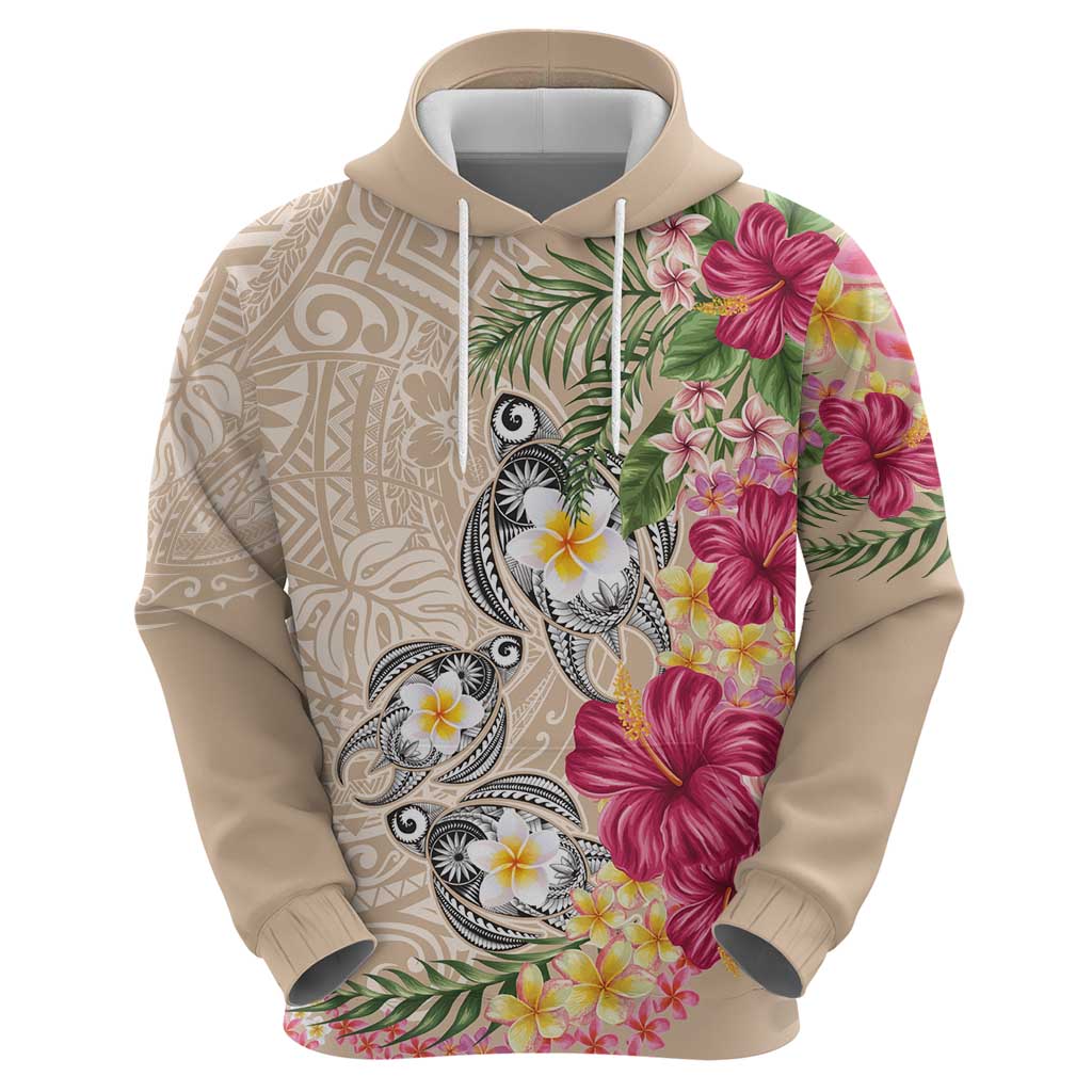 Hawaiian Tropical Flowers and Tribal Turtles Hoodie Polynesian Art Motifs Beige Color - Polynesian Pride