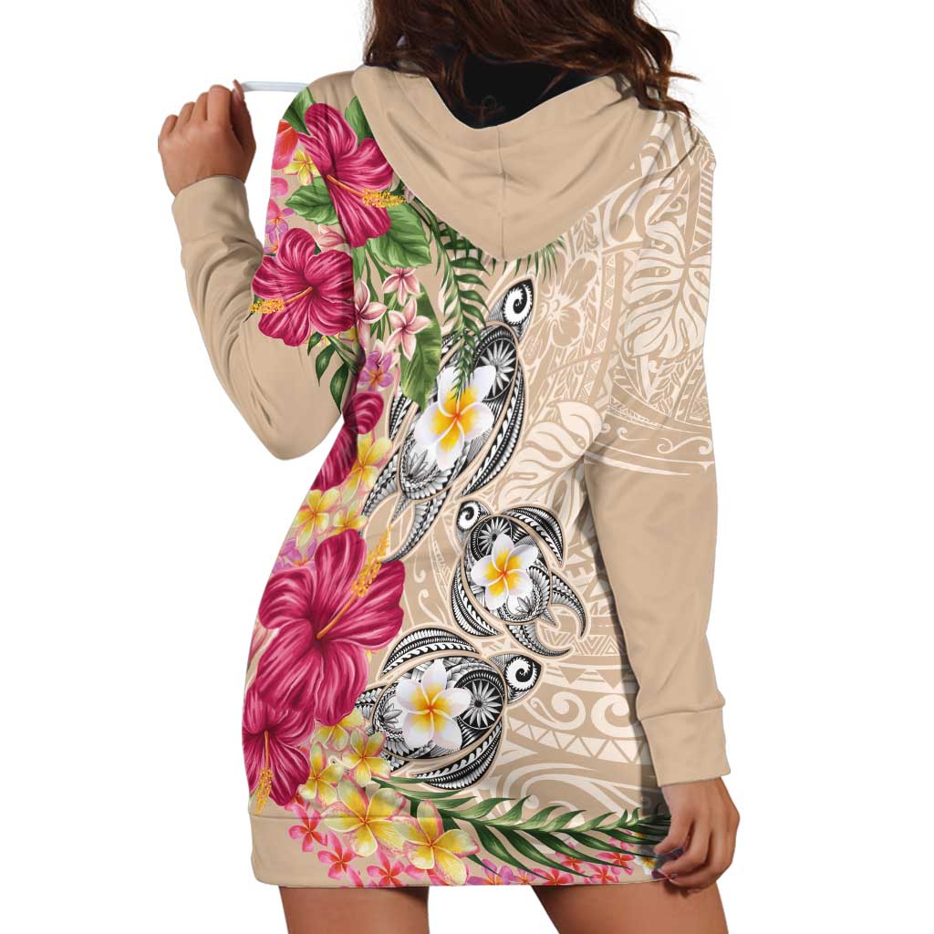 Hawaiian Tropical Flowers and Tribal Turtles Hoodie Dress Polynesian Art Motifs Beige Color - Polynesian Pride