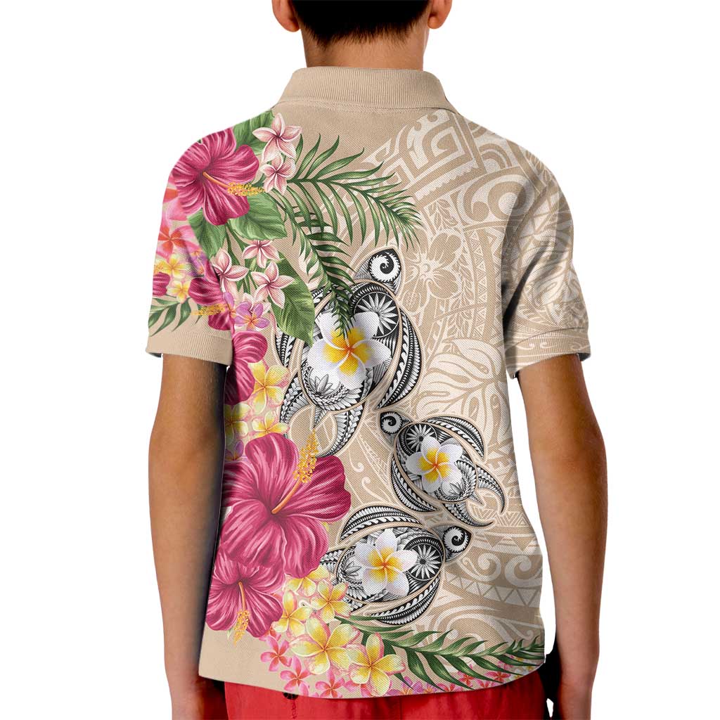 Hawaiian Tropical Flowers and Tribal Turtles Kid Polo Shirt Polynesian Art Motifs Beige Color - Polynesian Pride