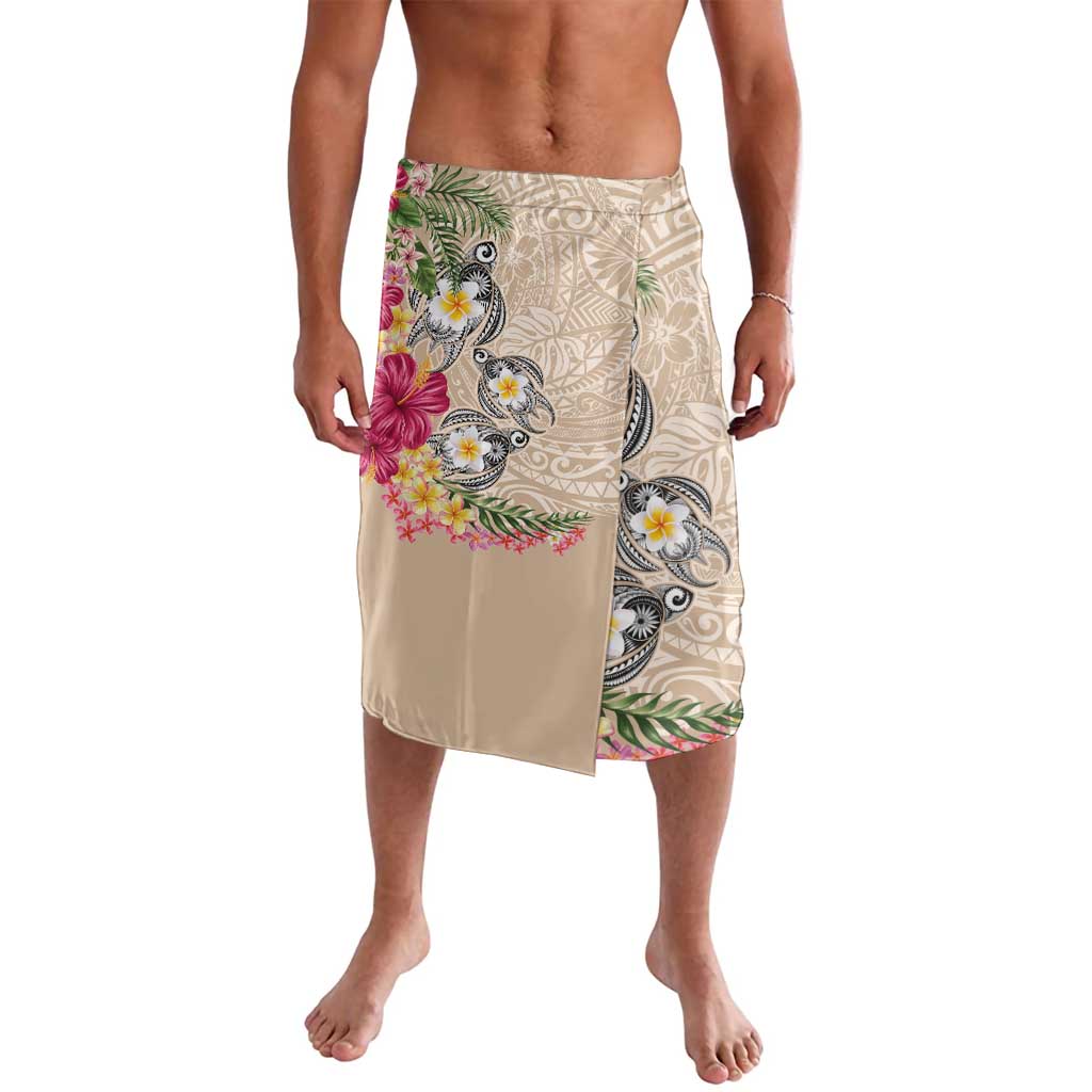 Hawaiian Tropical Flowers and Tribal Turtles Lavalava Polynesian Art Motifs Beige Color LT03 Beige - Polynesian Pride