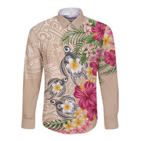 Hawaiian Tropical Flowers and Tribal Turtles Long Sleeve Button Shirt Polynesian Art Motifs Beige Color - Polynesian Pride