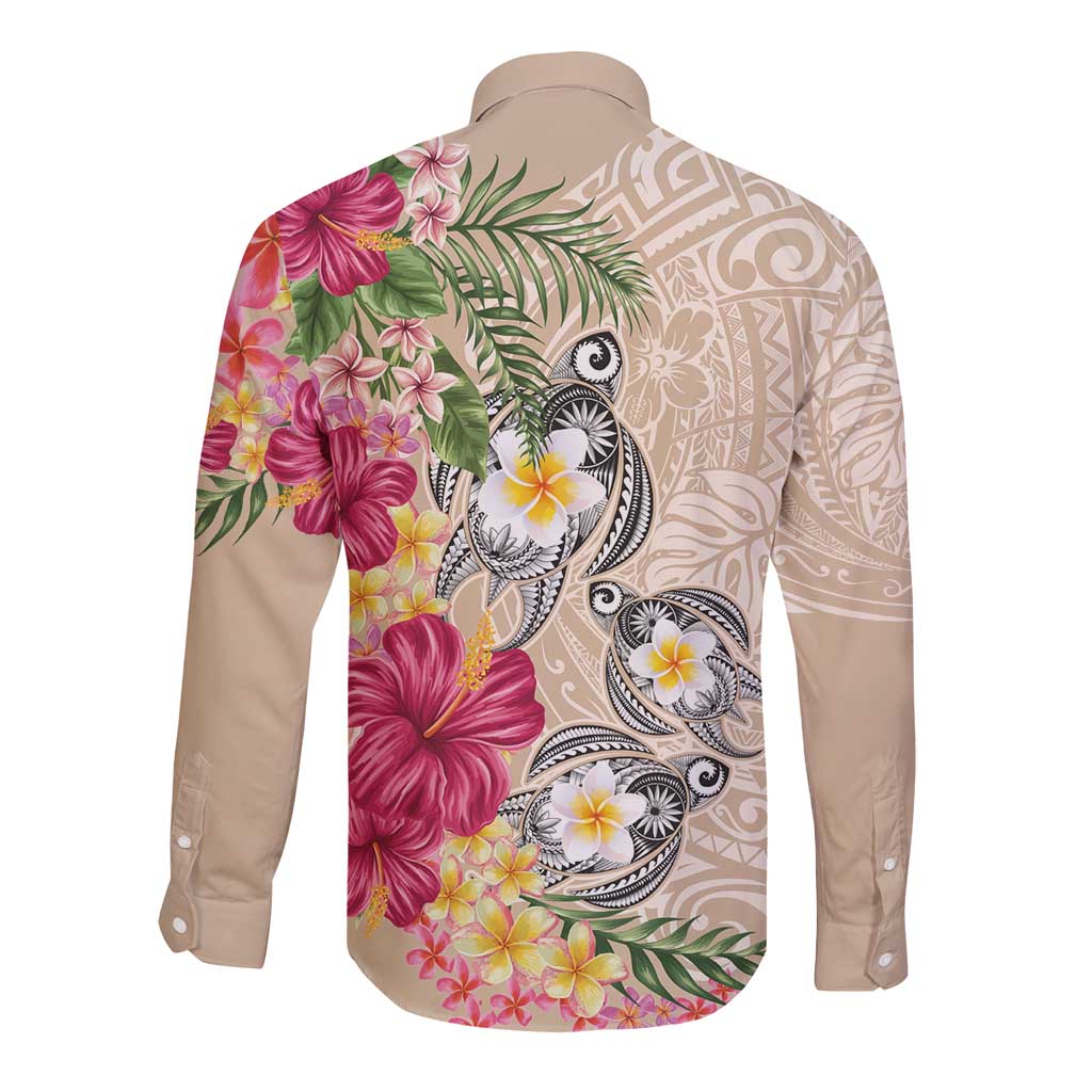 Hawaiian Tropical Flowers and Tribal Turtles Long Sleeve Button Shirt Polynesian Art Motifs Beige Color - Polynesian Pride