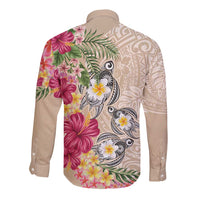 Hawaiian Tropical Flowers and Tribal Turtles Long Sleeve Button Shirt Polynesian Art Motifs Beige Color - Polynesian Pride
