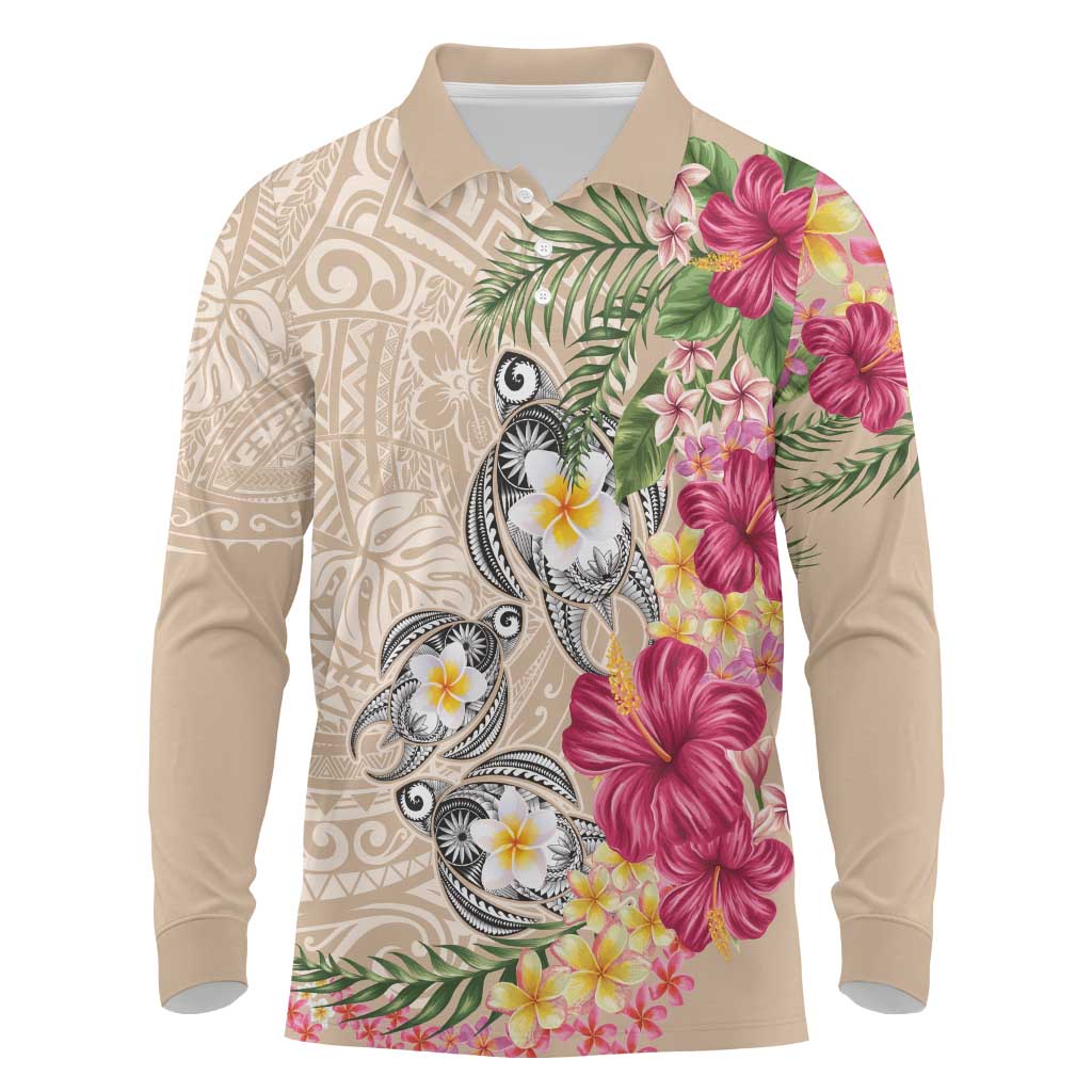 Hawaiian Tropical Flowers and Tribal Turtles Long Sleeve Polo Shirt Polynesian Art Motifs Beige Color - Polynesian Pride