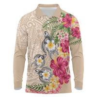 Hawaiian Tropical Flowers and Tribal Turtles Long Sleeve Polo Shirt Polynesian Art Motifs Beige Color - Polynesian Pride