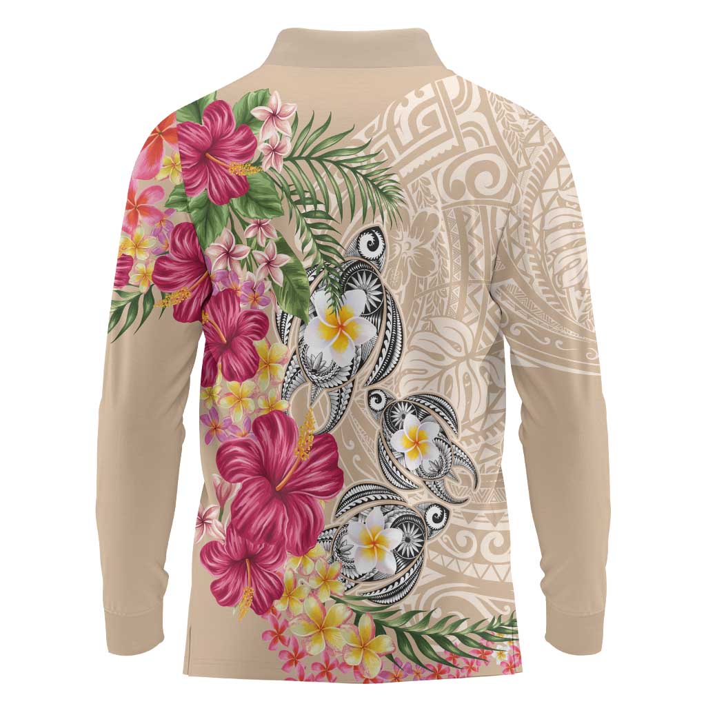 Hawaiian Tropical Flowers and Tribal Turtles Long Sleeve Polo Shirt Polynesian Art Motifs Beige Color - Polynesian Pride