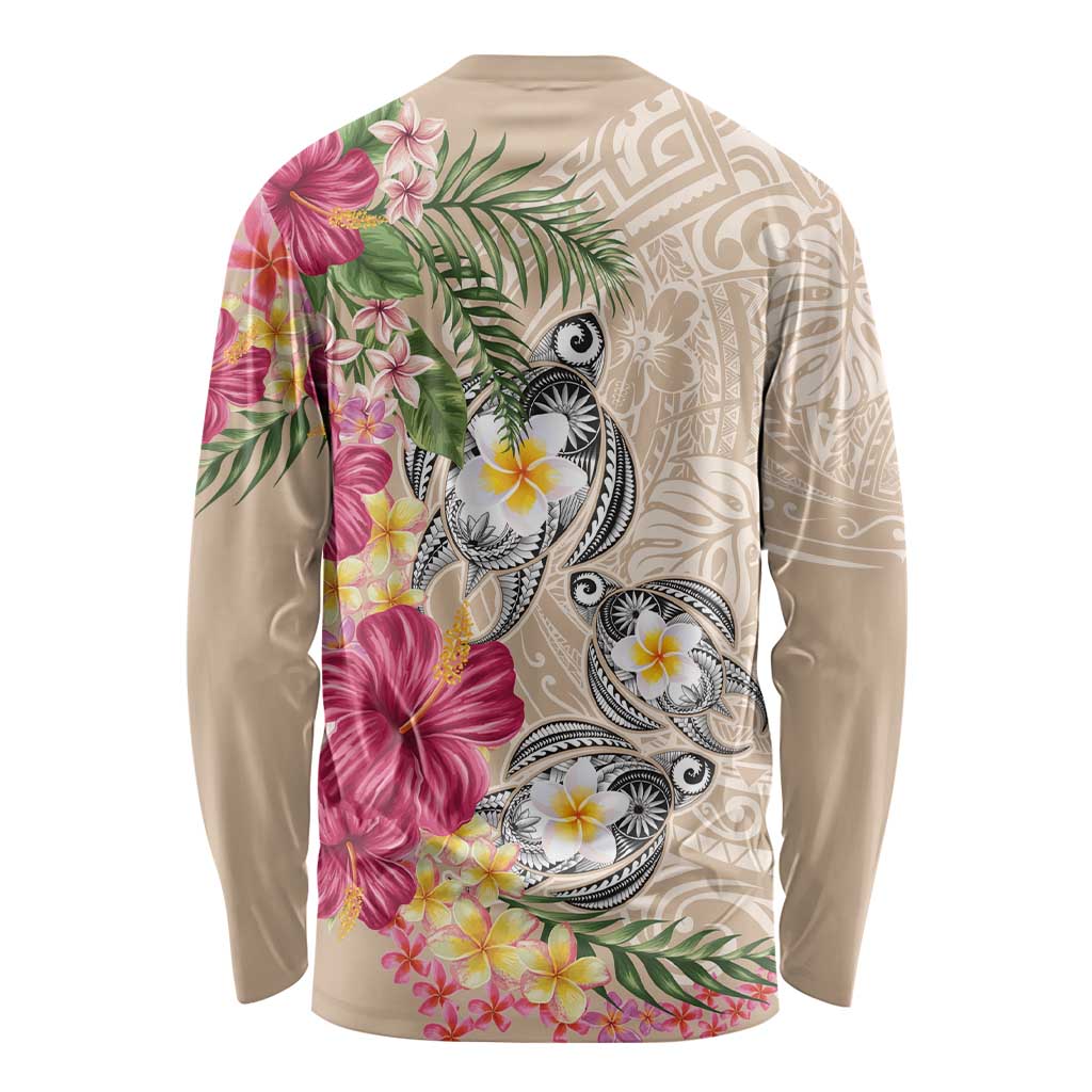 Hawaiian Tropical Flowers and Tribal Turtles Long Sleeve Shirt Polynesian Art Motifs Beige Color - Polynesian Pride