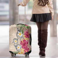 Hawaiian Tropical Flowers and Tribal Turtles Luggage Cover Polynesian Art Motifs Beige Color - Polynesian Pride