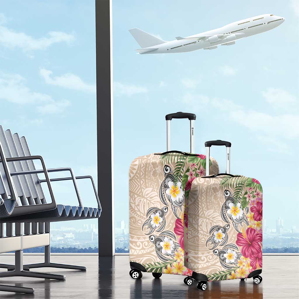 Hawaiian Tropical Flowers and Tribal Turtles Luggage Cover Polynesian Art Motifs Beige Color - Polynesian Pride