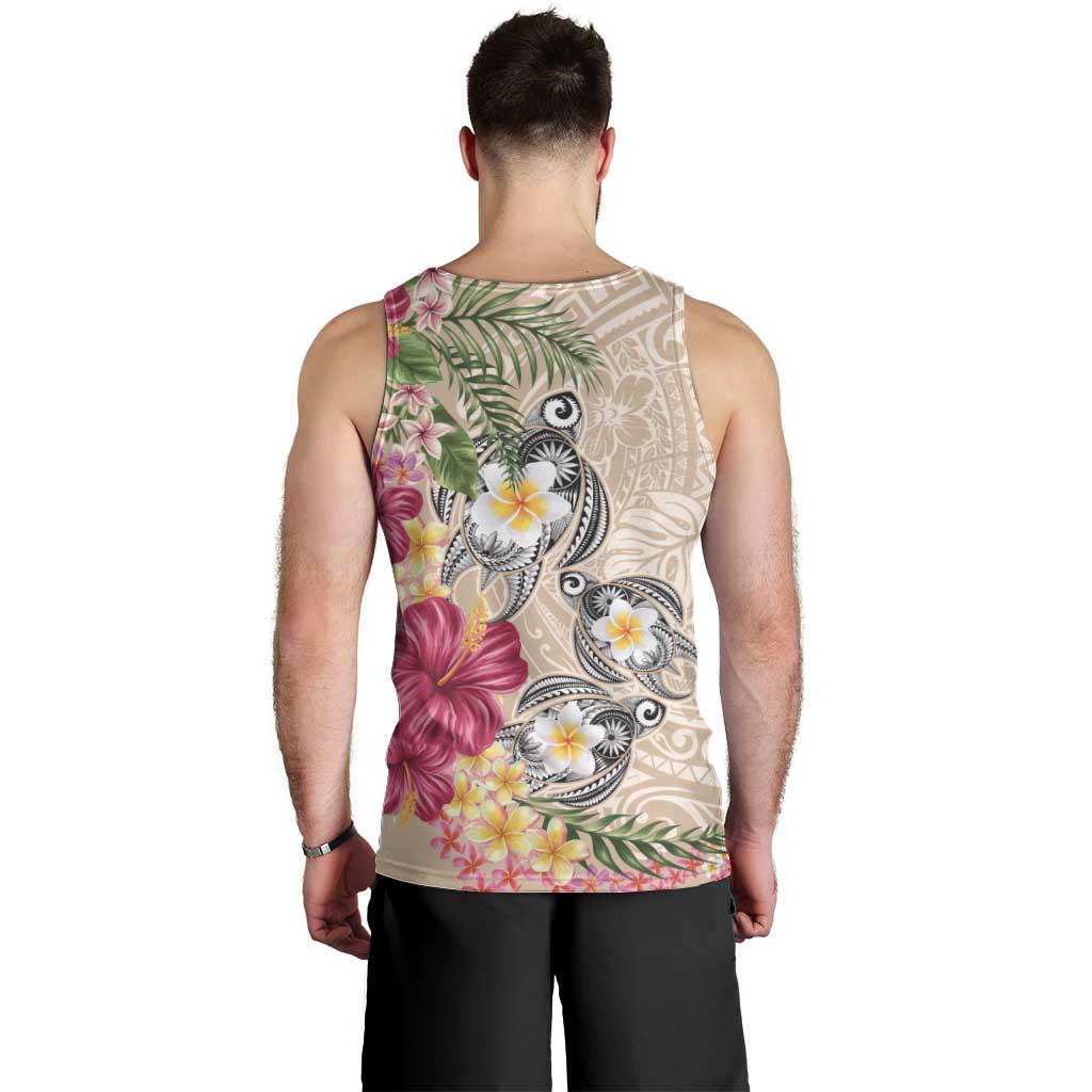 Hawaiian Tropical Flowers and Tribal Turtles Men Tank Top Polynesian Art Motifs Beige Color - Polynesian Pride