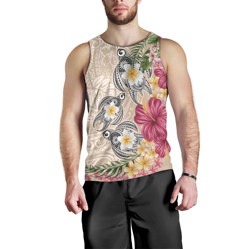 Hawaiian Tropical Flowers and Tribal Turtles Men Tank Top Polynesian Art Motifs Beige Color - Polynesian Pride