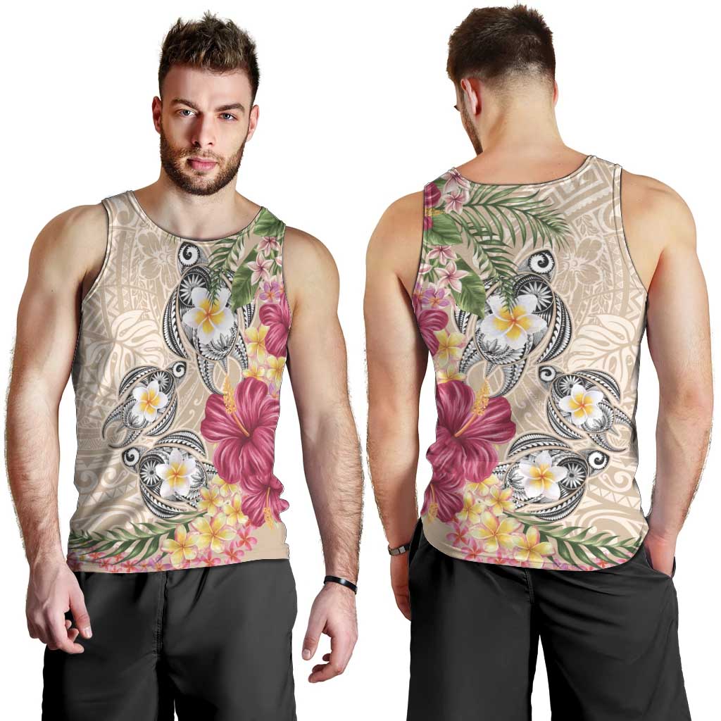 Hawaiian Tropical Flowers and Tribal Turtles Men Tank Top Polynesian Art Motifs Beige Color - Polynesian Pride