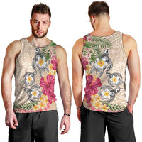 Hawaiian Tropical Flowers and Tribal Turtles Men Tank Top Polynesian Art Motifs Beige Color - Polynesian Pride