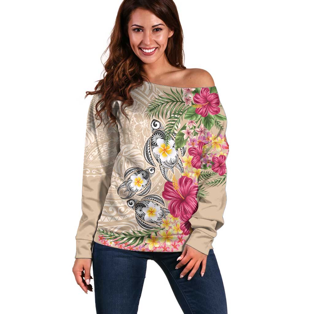 Hawaiian Tropical Flowers and Tribal Turtles Off Shoulder Sweater Polynesian Art Motifs Beige Color - Polynesian Pride
