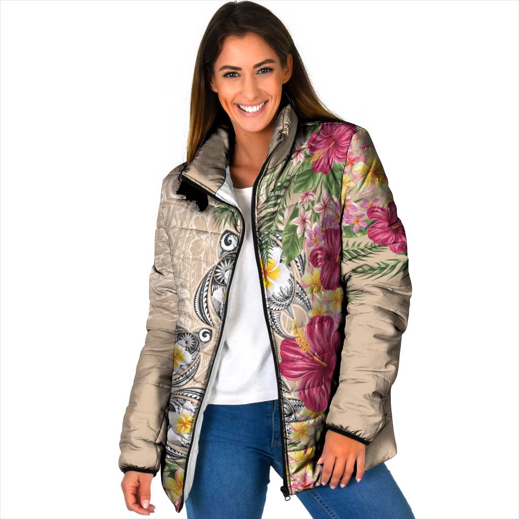 Hawaiian Tropical Flowers and Tribal Turtles Padded Jacket Polynesian Art Motifs Beige Color - Polynesian Pride