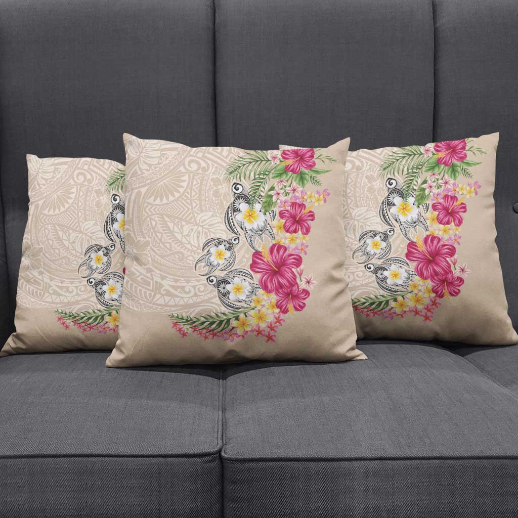 Hawaiian Tropical Flowers and Tribal Turtles Pillow Cover Polynesian Art Motifs Beige Color - Polynesian Pride
