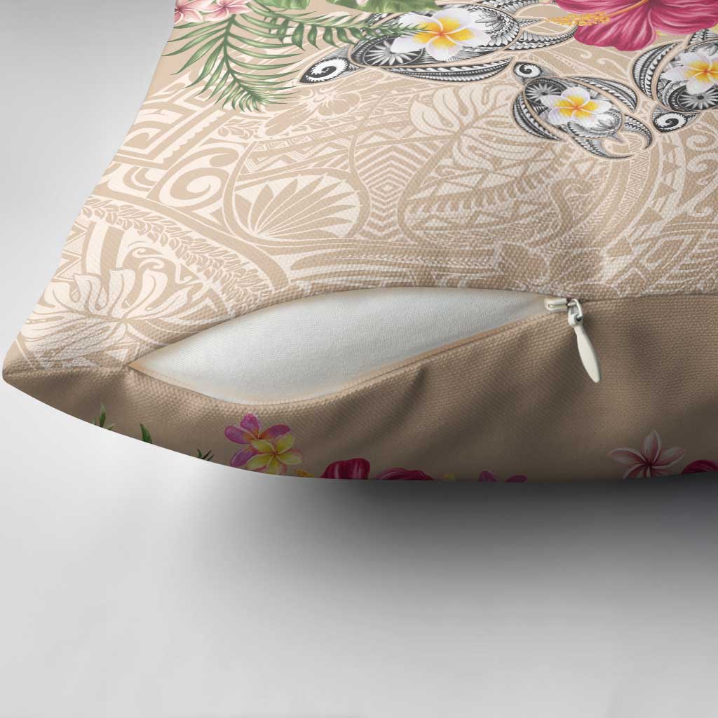 Hawaiian Tropical Flowers and Tribal Turtles Pillow Cover Polynesian Art Motifs Beige Color - Polynesian Pride