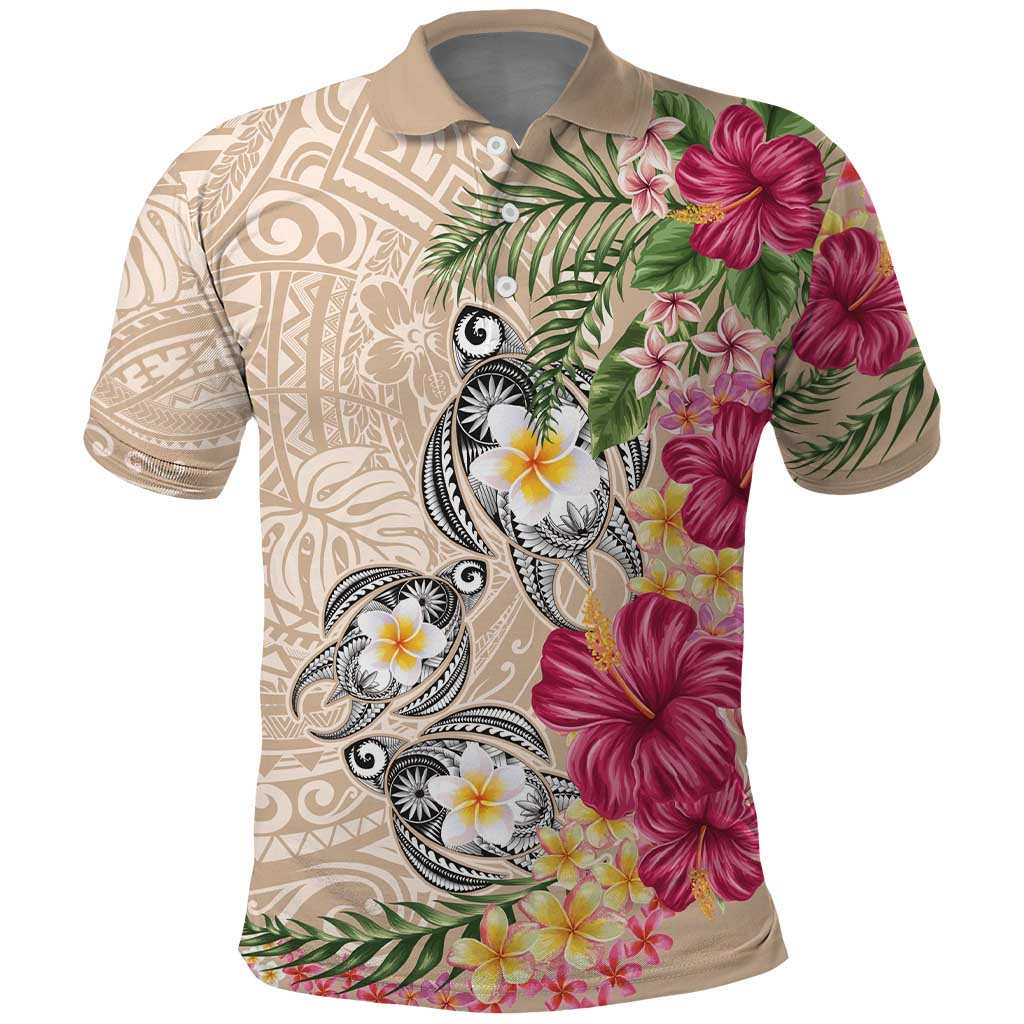 Hawaiian Tropical Flowers and Tribal Turtles Polo Shirt Polynesian Art Motifs Beige Color - Polynesian Pride