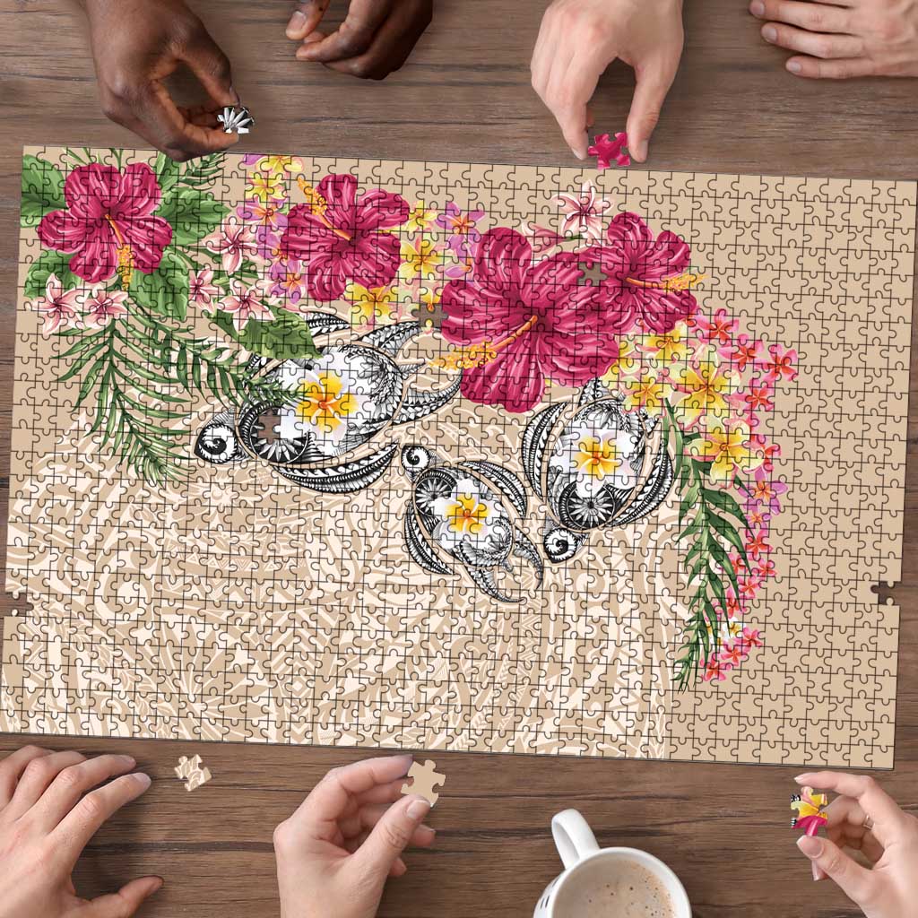 Hawaiian Tropical Flowers and Tribal Turtles Puzzle Polynesian Art Motifs Beige Color - Polynesian Pride