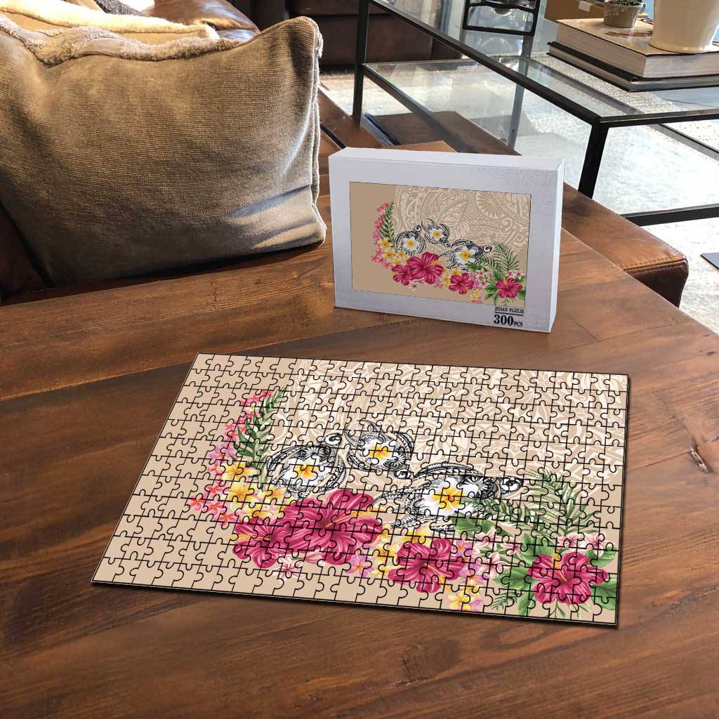Hawaiian Tropical Flowers and Tribal Turtles Puzzle Polynesian Art Motifs Beige Color - Polynesian Pride