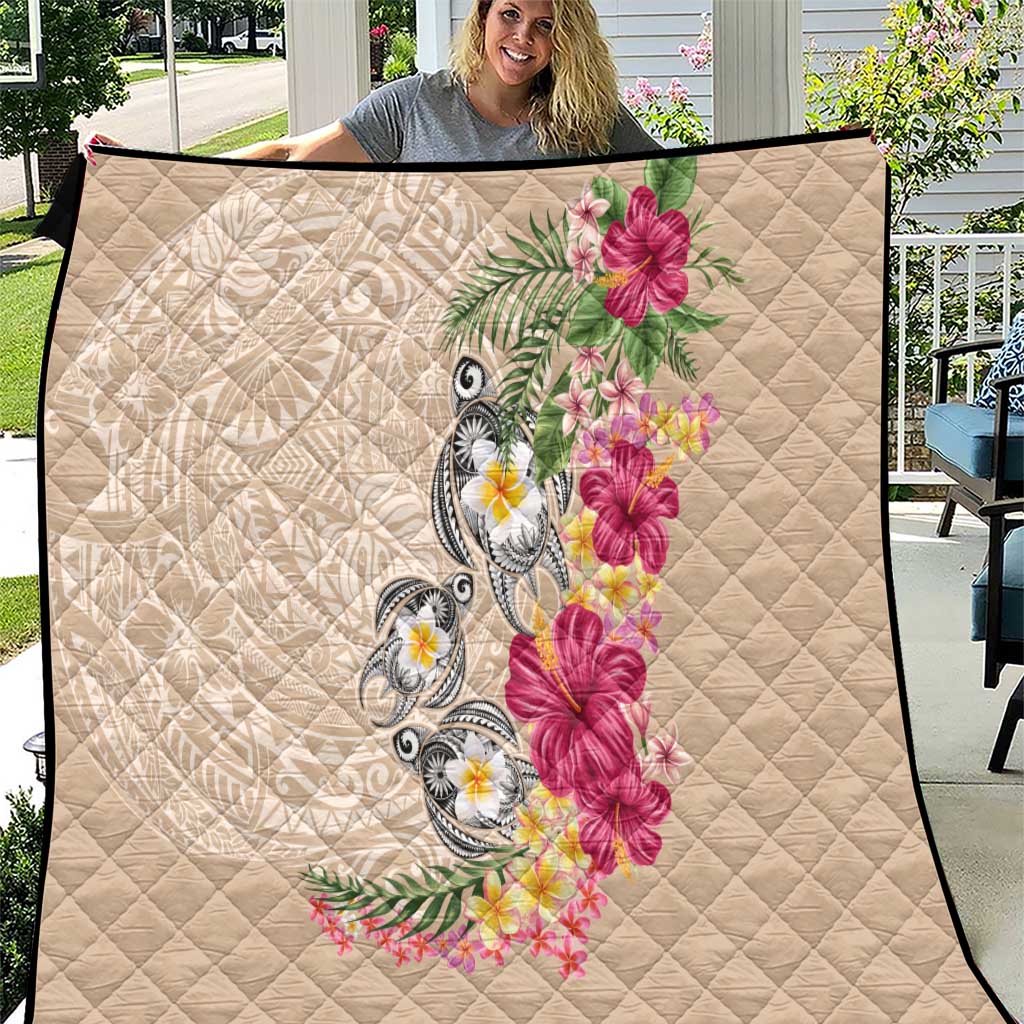 Hawaiian Tropical Flowers and Tribal Turtles Quilt Polynesian Art Motifs Beige Color LT03 Beige - Polynesian Pride