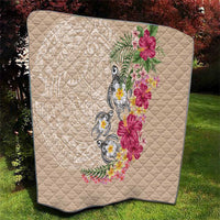 Hawaiian Tropical Flowers and Tribal Turtles Quilt Polynesian Art Motifs Beige Color - Polynesian Pride