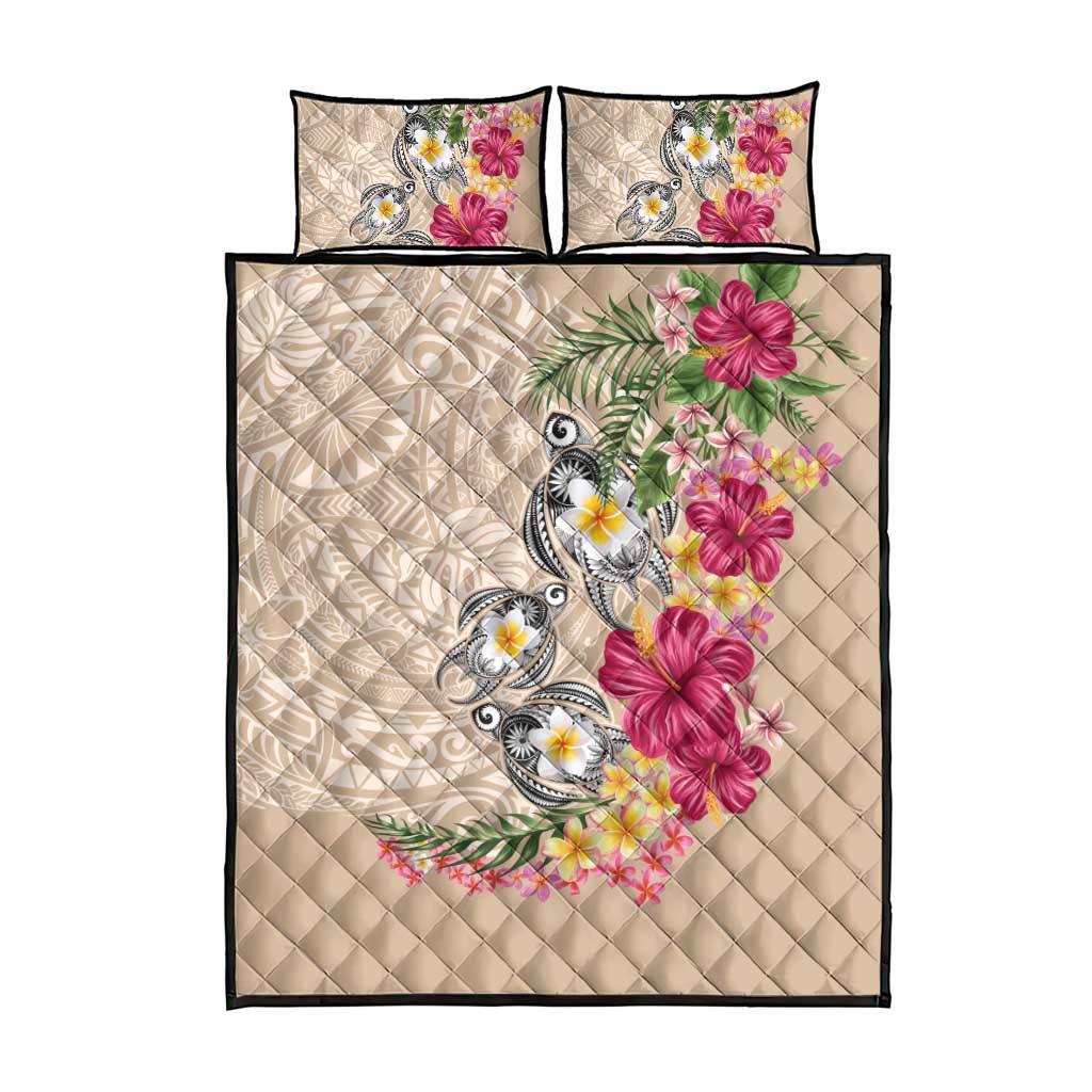 Hawaiian Tropical Flowers and Tribal Turtles Quilt Bed Set Polynesian Art Motifs Beige Color - Polynesian Pride