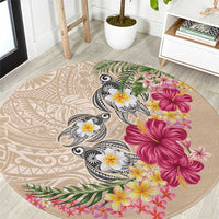 Hawaiian Tropical Flowers and Tribal Turtles Round Carpet Polynesian Art Motifs Beige Color - Polynesian Pride