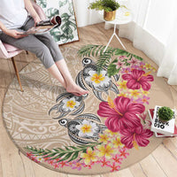 Hawaiian Tropical Flowers and Tribal Turtles Round Carpet Polynesian Art Motifs Beige Color - Polynesian Pride