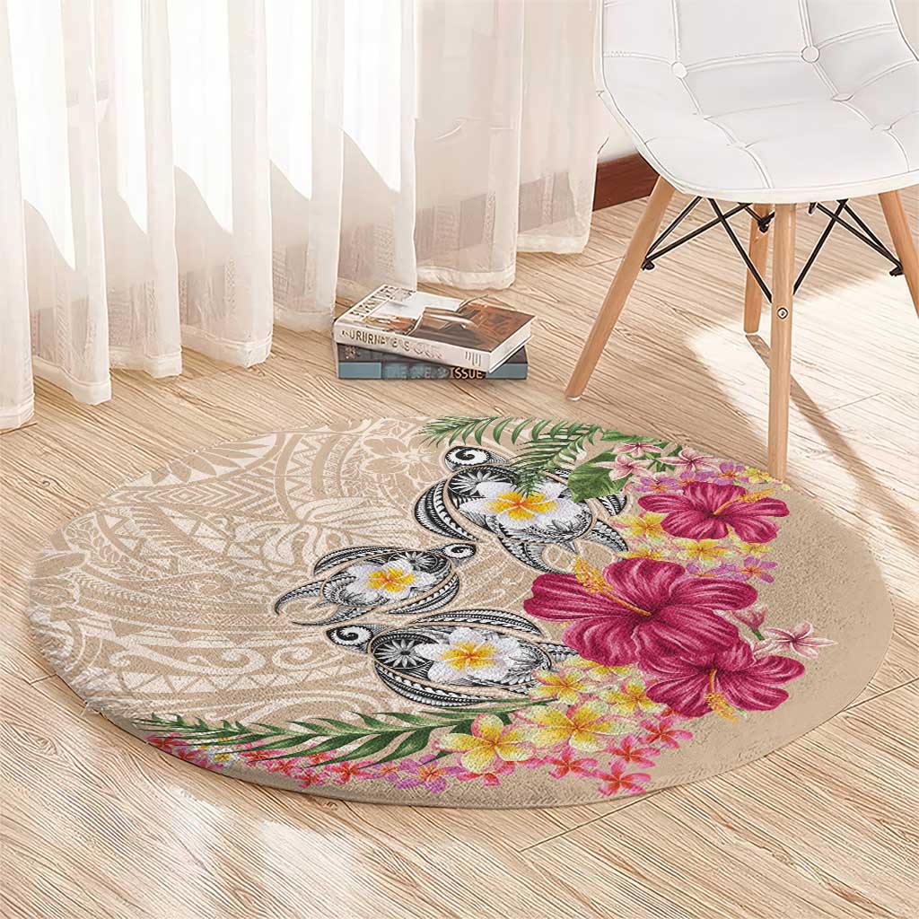 Hawaiian Tropical Flowers and Tribal Turtles Round Carpet Polynesian Art Motifs Beige Color - Polynesian Pride