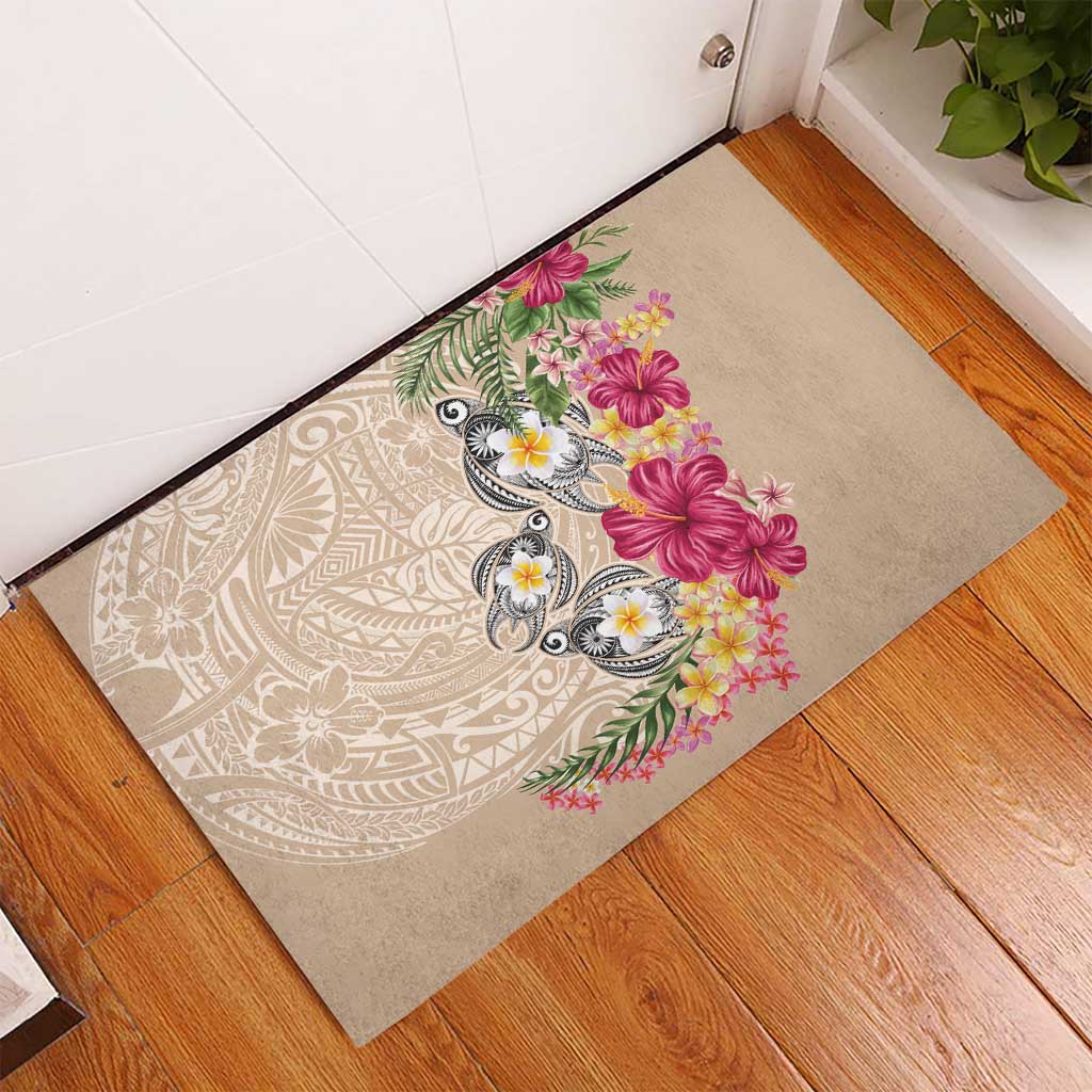 Hawaiian Tropical Flowers and Tribal Turtles Rubber Doormat Polynesian Art Motifs Beige Color - Polynesian Pride