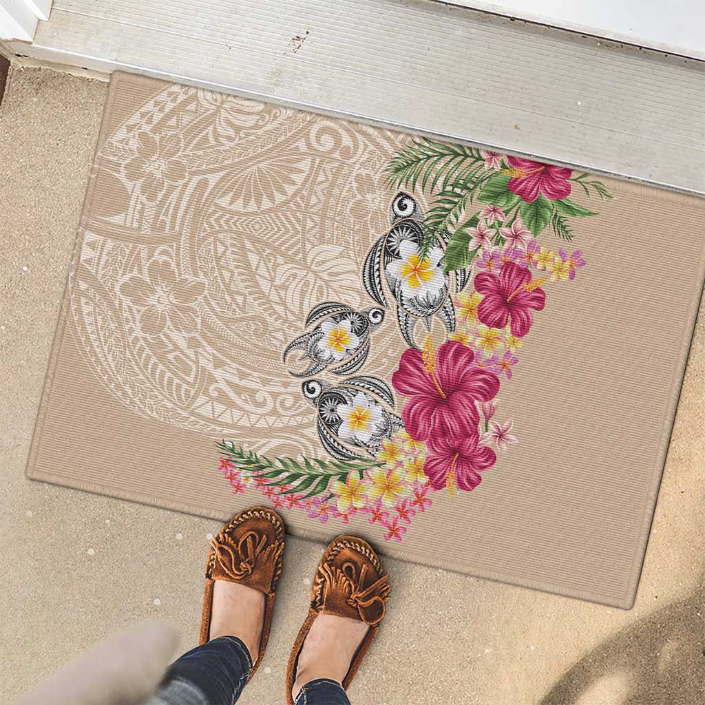Hawaiian Tropical Flowers and Tribal Turtles Rubber Doormat Polynesian Art Motifs Beige Color - Polynesian Pride