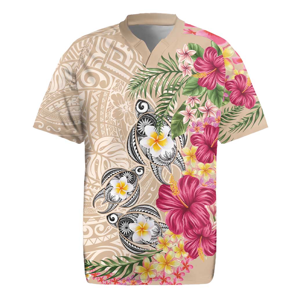 Hawaiian Tropical Flowers and Tribal Turtles Rugby Jersey Polynesian Art Motifs Beige Color - Polynesian Pride