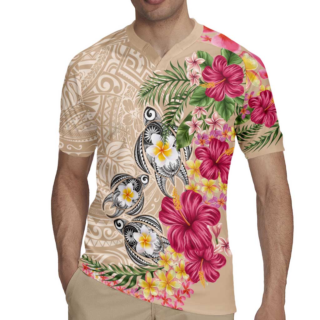 Hawaiian Tropical Flowers and Tribal Turtles Rugby Jersey Polynesian Art Motifs Beige Color - Polynesian Pride