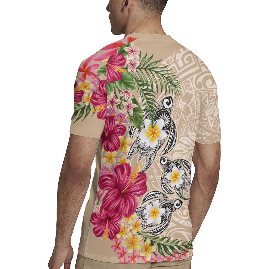 Hawaiian Tropical Flowers and Tribal Turtles Rugby Jersey Polynesian Art Motifs Beige Color - Polynesian Pride