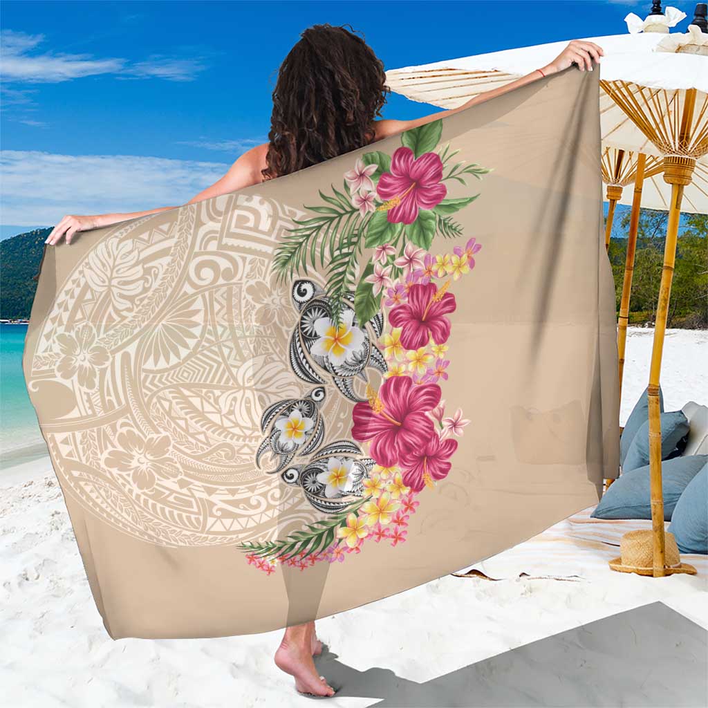 Hawaiian Tropical Flowers and Tribal Turtles Sarong Polynesian Art Motifs Beige Color - Polynesian Pride