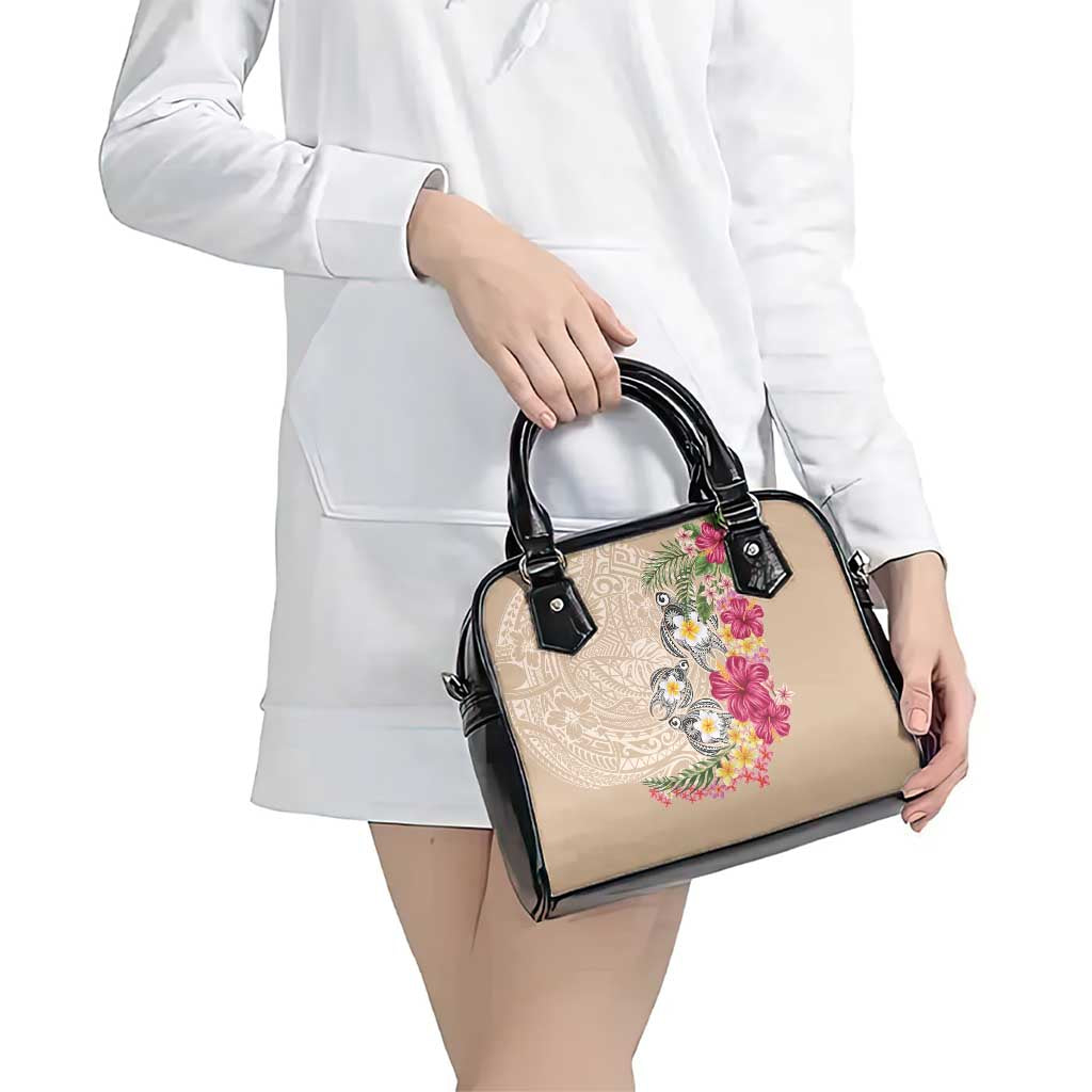 Hawaiian Tropical Flowers and Tribal Turtles Shoulder Handbag Polynesian Art Motifs Beige Color - Polynesian Pride