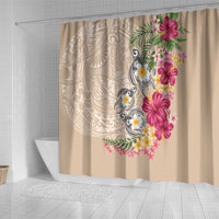 Hawaiian Tropical Flowers and Tribal Turtles Shower Curtain Polynesian Art Motifs Beige Color - Polynesian Pride
