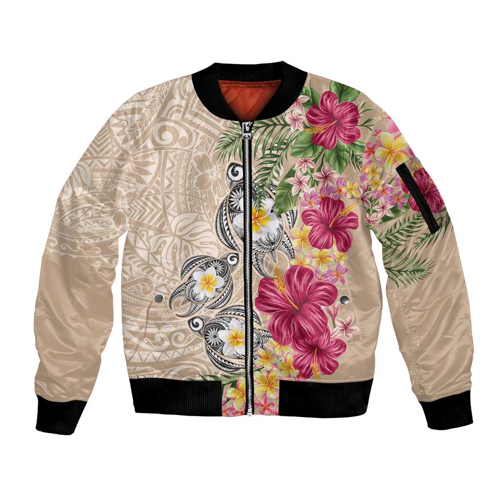 Hawaiian Tropical Flowers and Tribal Turtles Sleeve Zip Bomber Jacket Polynesian Art Motifs Beige Color - Polynesian Pride