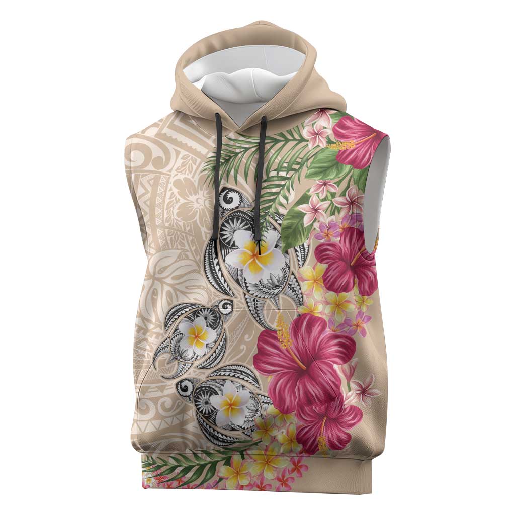 Hawaiian Tropical Flowers and Tribal Turtles Sleeveless Hoodie Polynesian Art Motifs Beige Color - Polynesian Pride