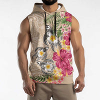 Hawaiian Tropical Flowers and Tribal Turtles Sleeveless Hoodie Polynesian Art Motifs Beige Color - Polynesian Pride