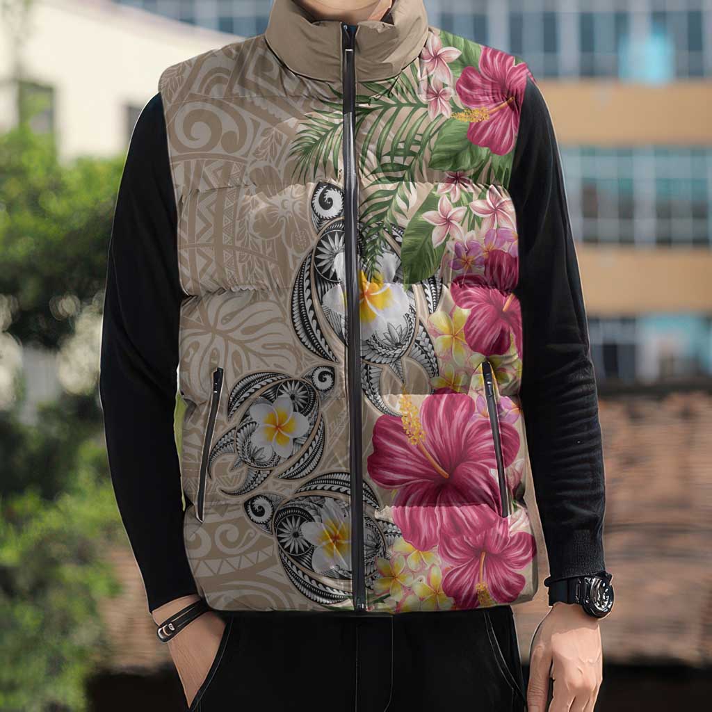 Hawaiian Tropical Flowers and Tribal Turtles Sleeveless Puffer Jacket Polynesian Art Motifs Beige Color - Polynesian Pride