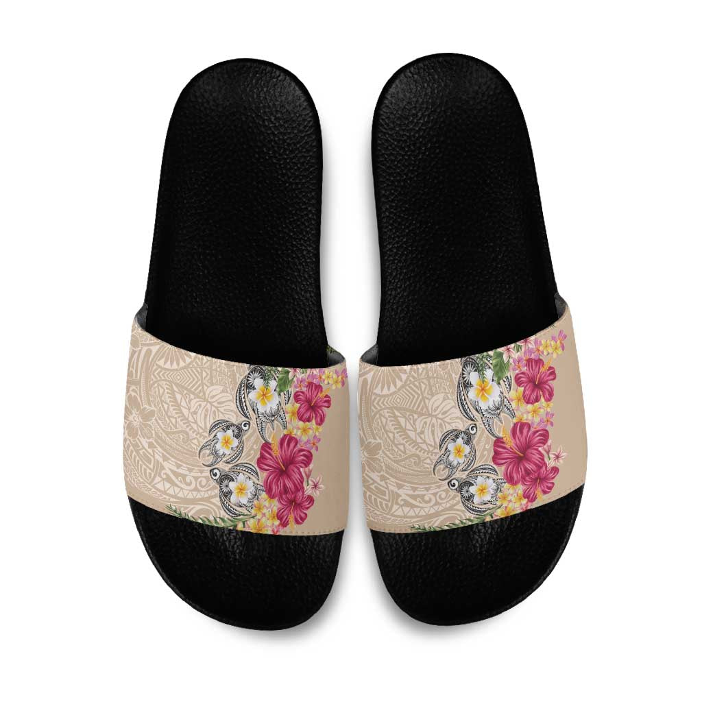 Hawaiian Tropical Flowers and Tribal Turtles Slide Sandals Polynesian Art Motifs Beige Color - Polynesian Pride