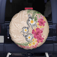 Hawaiian Tropical Flowers and Tribal Turtles Spare Tire Cover Polynesian Art Motifs Beige Color - Polynesian Pride