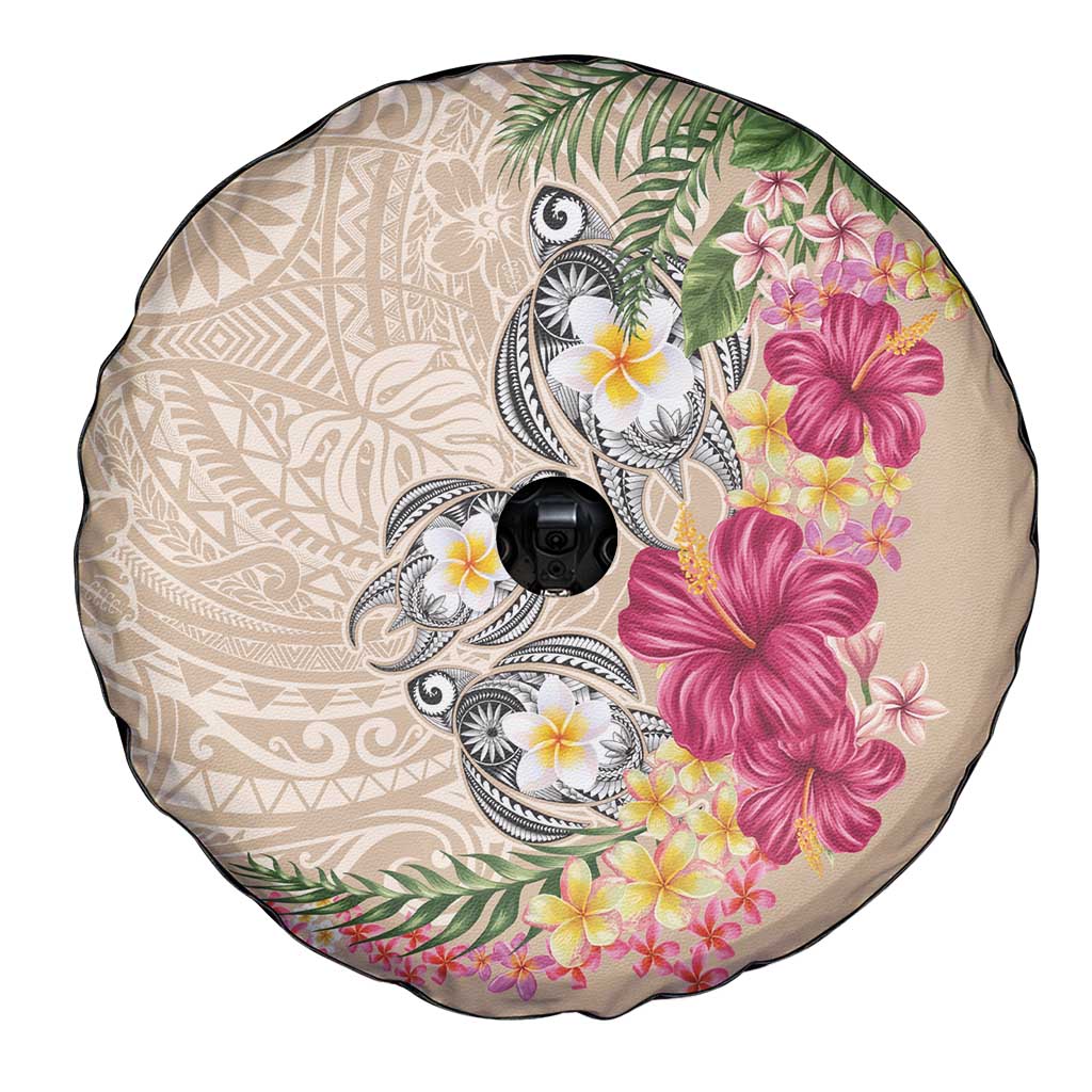 Hawaiian Tropical Flowers and Tribal Turtles Spare Tire Cover Polynesian Art Motifs Beige Color - Polynesian Pride