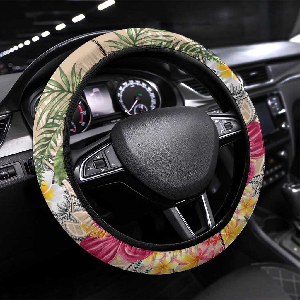 Hawaiian Tropical Flowers and Tribal Turtles Steering Wheel Cover Polynesian Art Motifs Beige Color - Polynesian Pride