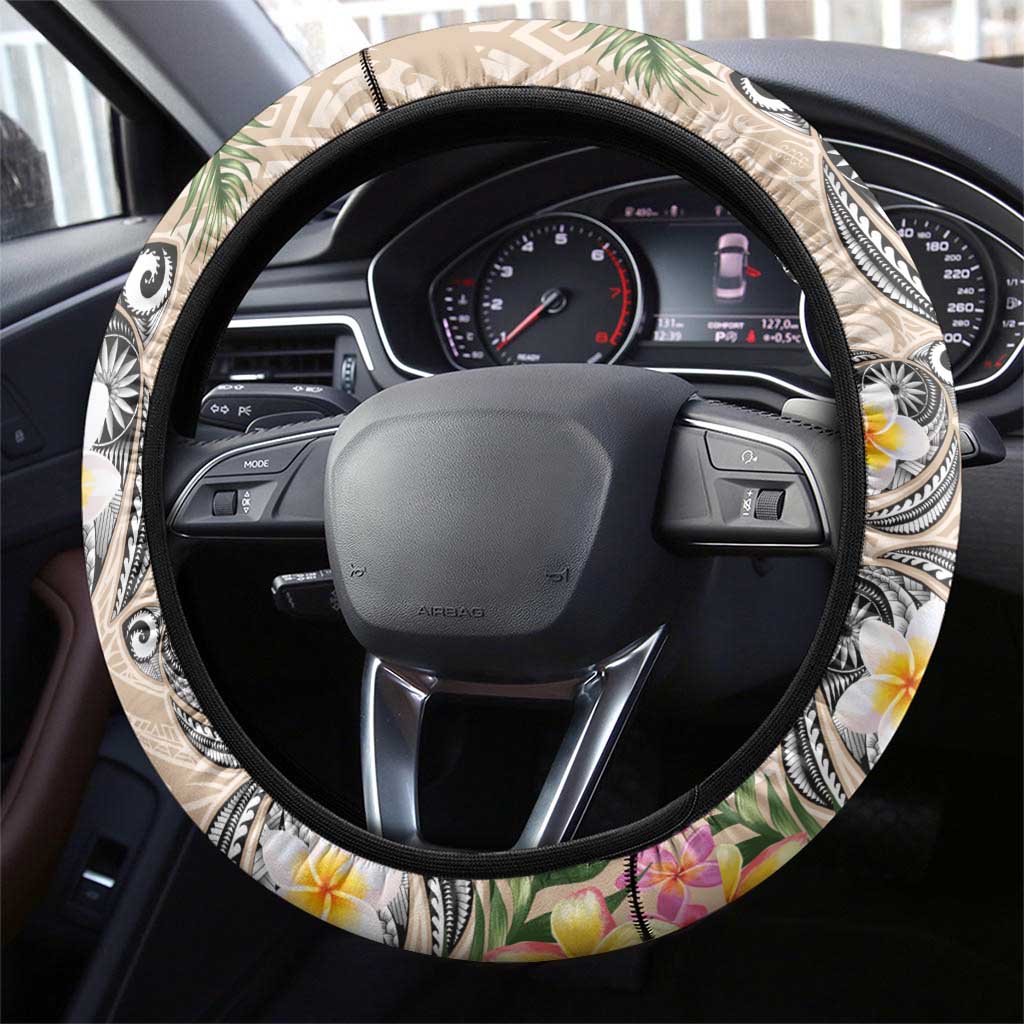 Hawaiian Tropical Flowers and Tribal Turtles Steering Wheel Cover Polynesian Art Motifs Beige Color - Polynesian Pride