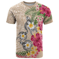 Hawaiian Tropical Flowers and Tribal Turtles T Shirt Polynesian Art Motifs Beige Color - Polynesian Pride