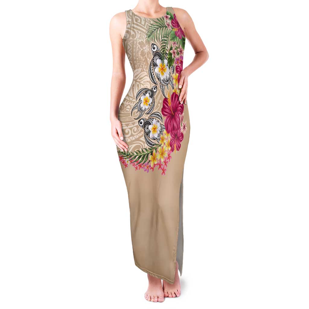 Hawaiian Tropical Flowers and Tribal Turtles Tank Maxi Dress Polynesian Art Motifs Beige Color - Polynesian Pride