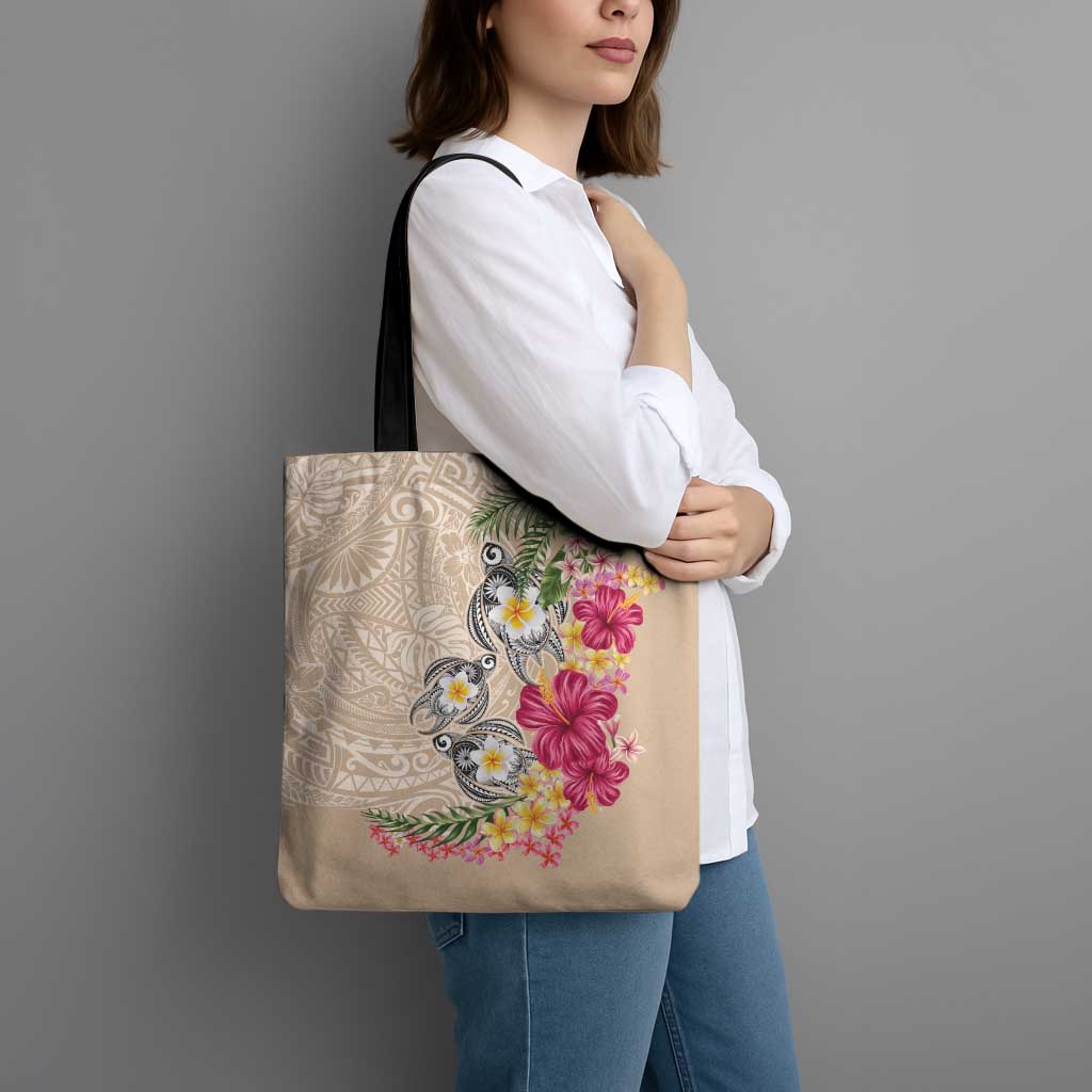 Hawaiian Tropical Flowers and Tribal Turtles Tote Bag Polynesian Art Motifs Beige Color - Polynesian Pride